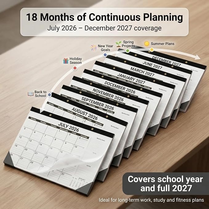 Desk Calendar 2026-2027 - 18 Month Large Monthly Calendar (July 2026 - Dec 2027), 17" x 12" Desktop & Wall Calendar with Thick 120 GSM Paper, Corner Protector for Home, School and Office