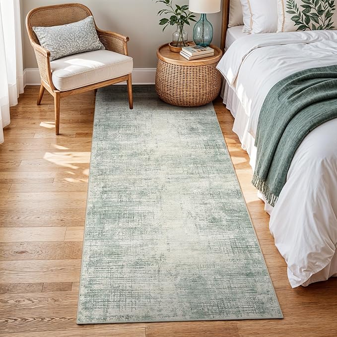 3x6 Hallway Washable Runner Rug - Non-Slip Kitchen Rugs with Rubber Backing Abstract Neutral Low-Pile Carpet Runners for Laundry Room Home Decor Bedroom Bathroom Entryway (Green,3x6)