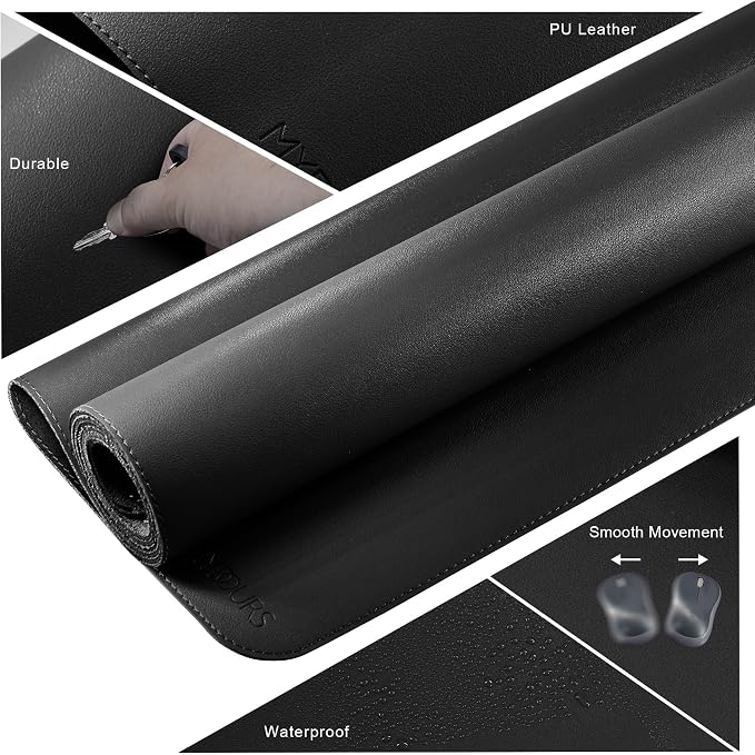Mydours 36" x 16" Large PU Leather Desk Pad with Non-Slip Suede Base, Black Waterproof Mouse Pad, Spacious Surface for Keyboard & Laptop, Office Home Gaming Desk Protector, Easy Clean Smooth Cover