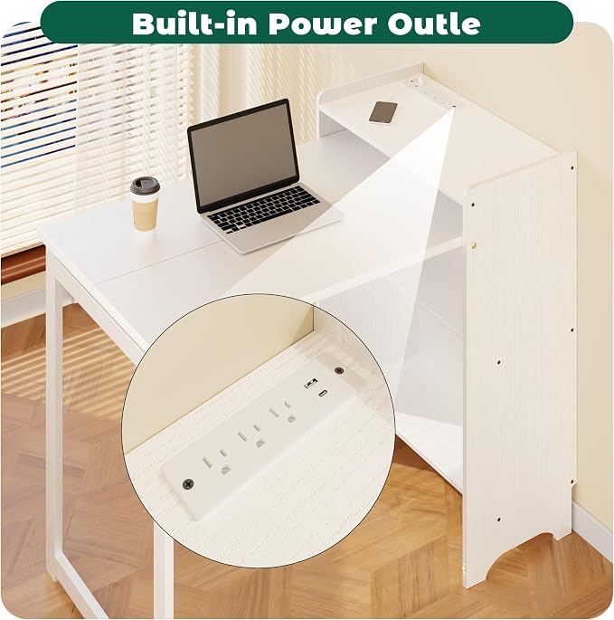 HDDFER Folding Desk with Built-in Outlet,for Small Spaces,Hidden Desk with Storage Shelf, Foldable Computer Desk for Bedroom Home Office, Mid Century Modern Fold Out Table Writing Table, White