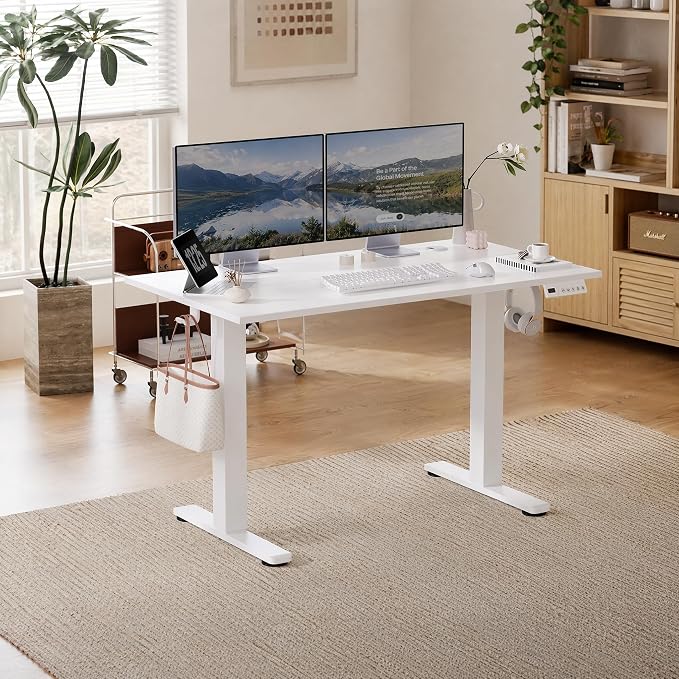 Claiks Electric Standing Desk 55x24 Inch Adjustable Desk, White | 156lbs weight capacity, 3 memory presets, industrial steel frame, cable management hub, adjustable height , easy assembly