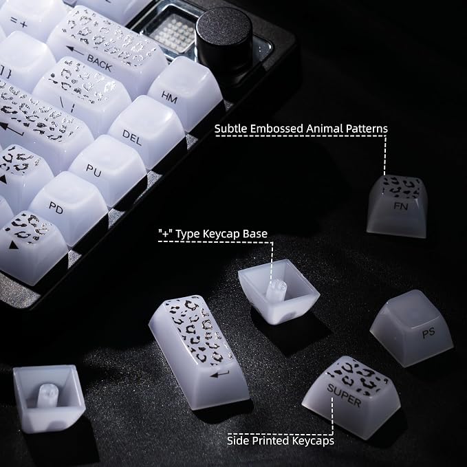 Womier Keyboard Keycaps Jelly, White Ceramic Keycaps Style, Transparent Leopard Print Key Cap Shine Through Custom 60 65 75 100 Percent for Cherry MX,Gateron Mechanical Keyboards,MDA Profile