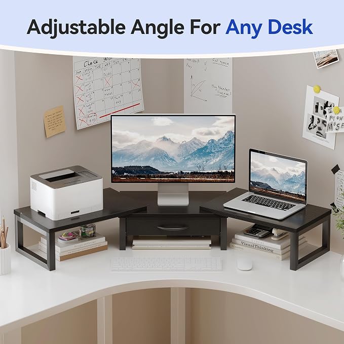Dual Monitor Stand Riser, Desk Organizers and Accessories with Drawer, Computer Monitor Stands for Desk, Adjustable Desktop Shelf for PC Laptop Printer TV, Black