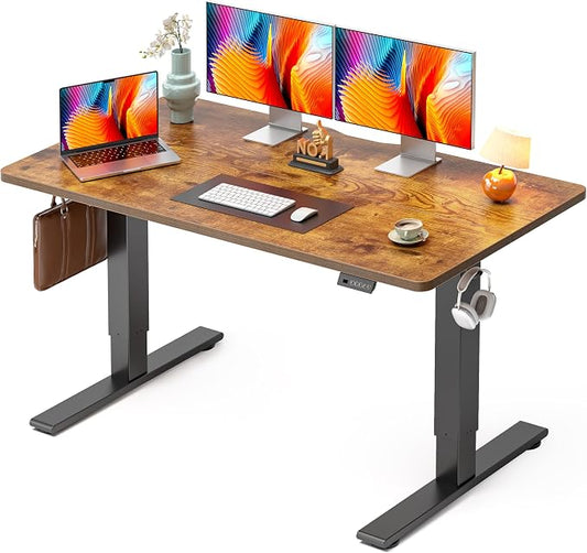 CubiCubi Electric Standing Desk 55 x 28 Inch, Height Adjustable Sit Stand Desk with Memory Presets, Splice Desktop Computer Desk for Home Office, Black Frame/Vintage Brown Top