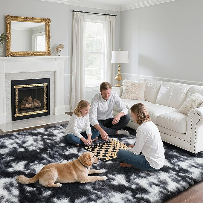 Fluffy Rug Shag Area Rug, Mottling Black 2x4 Area Rugs for Bedroom, Small Bedside Rug, Soft Fluffy Shag Entryway Throw Rugs for Living Room Bedroom Room Home Decor