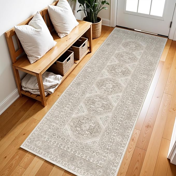 2x6 Runner Rug Kitchen Washable:Oriental Indoor Hallway Runners with Non Slip Backing Floor Mat for Entryway Door Low Pile Thin Carpet for Bedroom Bathroom Living Room Bedside (Beige, 2x6)