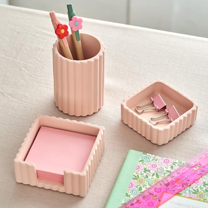 Aesthetic Desk Organizer Set of 3 For Your Office - Sturdy Concrete Desktop Accessories For Women Enhance Any Office Decor - Set incl. Pen Holder, Paperclip Storage & Sticky Note Holder for Teacher