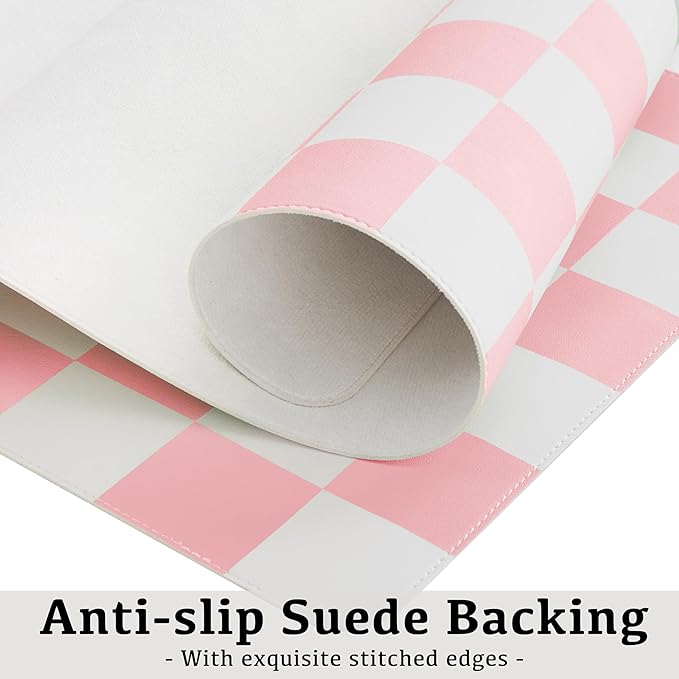 Checkered Desk Mat, Large Cute Aesthetic Retro PU Leather Computer Laptop Desk Mat, Non-Slip Waterproof Mouse Keyboard Pad, Desk Writing Mat for Work/Home (Pink, 23.6" x 13.7")