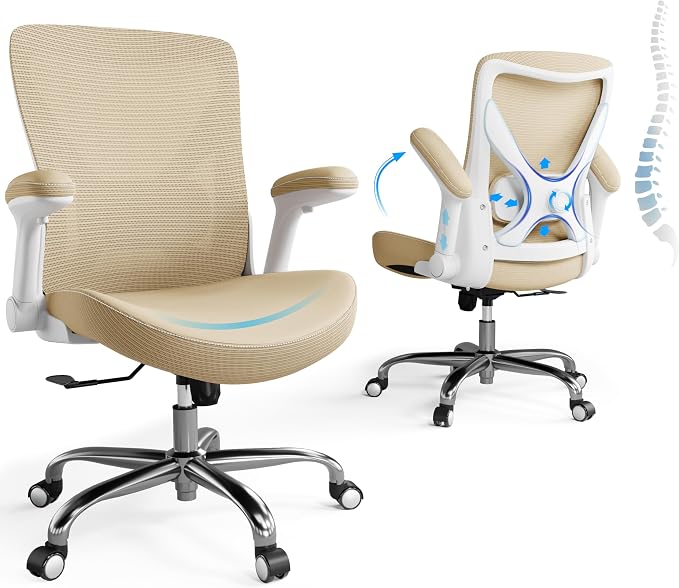 Ergalithic Office Home Ergonomic Desk Chair-Computer X-Shaped Chair Mesh PU Leather with Adjustable Lumbar Support-Executive Chair High Back Flip-Up Arms for Long Hours (Khaki-No Headrest)
