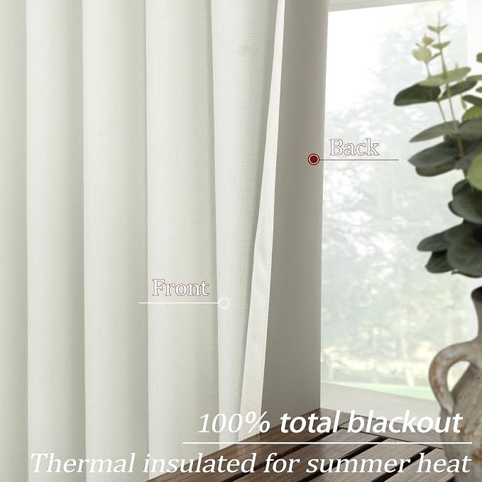 KOUFALL Ivory Blackout Curtains 90 Inches Long,Linen Back Tab Black Out Pleated Antique Curtains for Living Room Bedroom 52 x 90 Inch Length 2 Panel Set