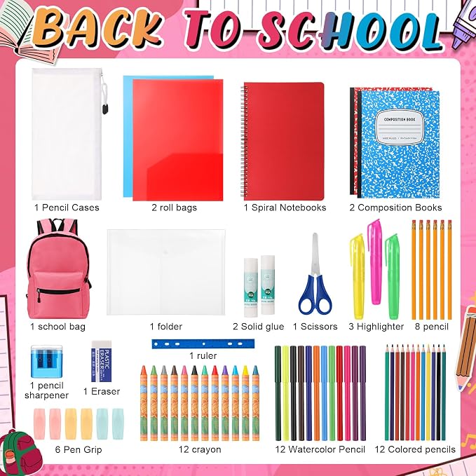 Gilprop 79 Pcs Back to School Supplies Box for Kids K-5 Students Elementary Middle School Supplies Kit Bundle Bulk Essential Pen Notebook Stationery for Primary Student Classroom(Pink)