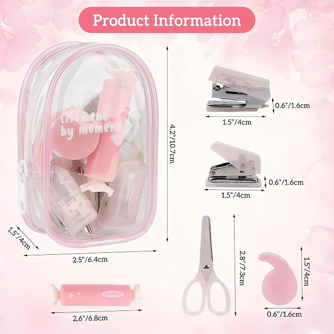 Christmas Gifts 7pcs Mini Stationary Kit with Compact Scissors Hole Punch Portable Stapler Mini School Supplies Kit Pink Stapler and Tape Dispenser Set for Students (Pink)