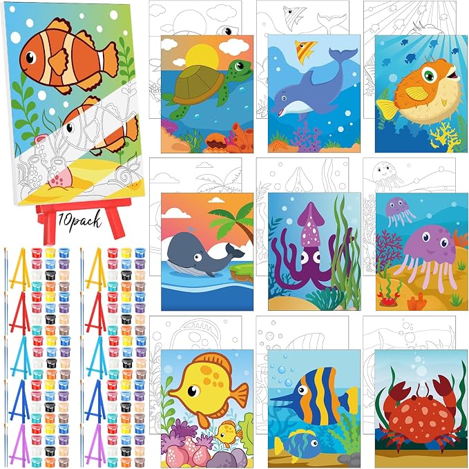 Blosssound 10 Set Pre Printed Canvas Pre Drawn Canvas Painting with Easel Kits 5" x 7" Outline Painting Panels for Beginners, DIY Craft Project, Home Decors(Ocean)