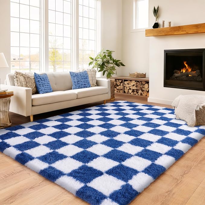 Checkered Rug 4x6 for Bedroom, Ultra Fluffy Shag Area Rugs for Living Room, Upgrade Anti-Skid High Pile Soft Rug Fuzzy Carpet for Living Room Bedroom Kids Room Nursery, Dorm Home Decor, Navy and White