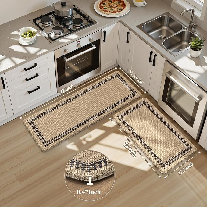 KIMODE Kitchen Mats Cushioned Anti Fatigue, Jute Geometric Kitchen Rugs Set | Padded Kitchen Floor Mats Non Slip, Spring Standing Mats for Kitchen Decor Bathroom Sink Laundry Office Desk 17"x47"+17"x29"