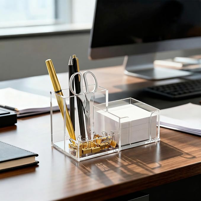 HBlife 2-Pack Acrylic Pen Holder for Desk, 3-Compartment Small Desk Organizer, Clear Office Supplies Desk Accessories with Sticky Notes Holder Stores Post It Notes 3X3 for Office, Home and School