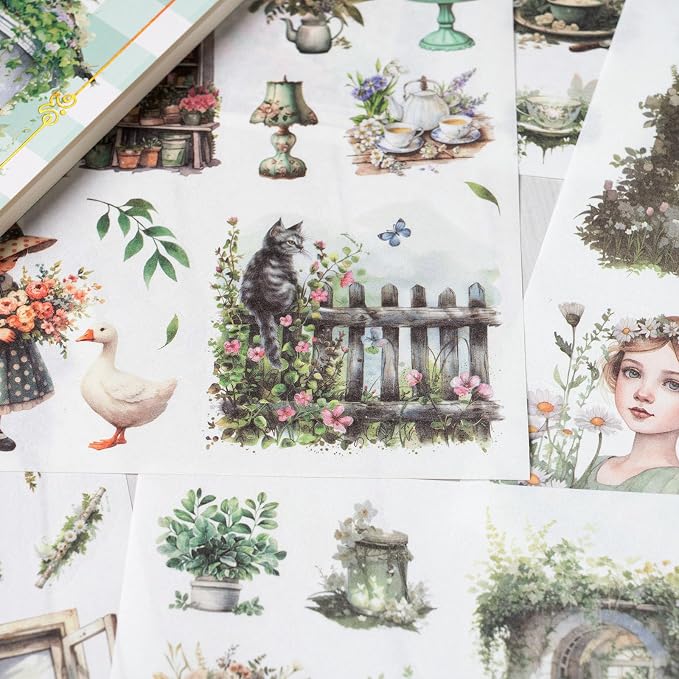 YagCu Garden Journal Stickers, 50 Sheets Washi Junk Journaling Sticker Book, Scrapbook Supplies, Watercolor Scrapbooking for Adults, Green Decorative Ephemera Arts Craft