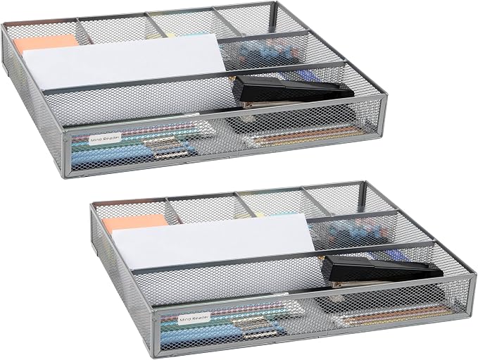Mind Reader 6-Compartment Drawer Organizer, Metal Mesh Desk Organizer for Office, Kitchen, Utensils, Supplies, Set of 2, Silver