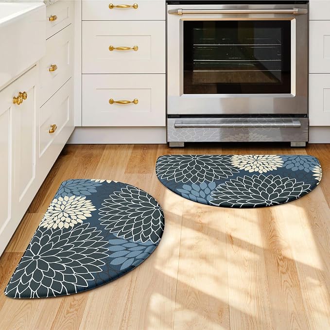 KIMODE Half Circle Kitchen Mats for Floor Cushioned Anti Fatigue Semi Round | Half Round,Dahlia Boho,Blue,Kitchen Rug Set of 2,Non Slip ,Waterproof Sink Floor Mat Carpet Decor for Laundry Bathroom