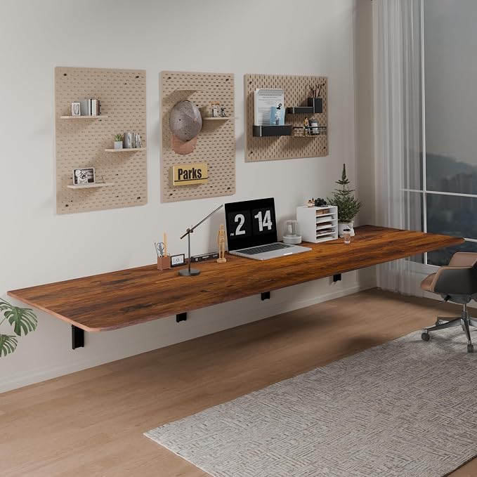 IAE 72" x 22" Floating Foldable Desk,Wall-Mounted Folding Computer Table with Engineered Wood,Study Table with Shelf Brackets,Fold Down Shelf,Fold Computer Desk for Small Apartment,Holds 500 lb,Rustic