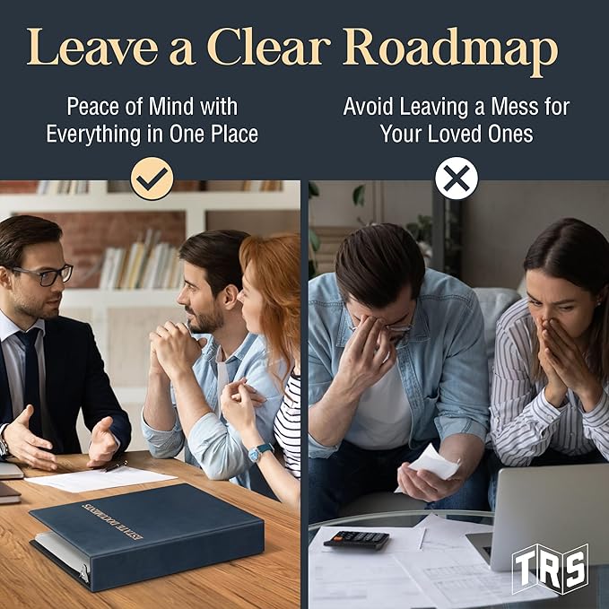 TRS Estate Planning Binder Kit – Pre-Labeled Tabs, Sheet Protectors | 1.5" D-Ring Faux Leather Organizer for Wills, Trusts, Power of Attorney & End-of-Life Planning | Navy with Bronze