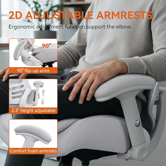 BOLISS Ergonomic Drafting Chair High Back for Standing Desk-Grey | Tall Office Chair Double-Layer Seat Cushion, Adjustable Headrest & Lumbar Support, Flip-Up & Height Adjustable Arms