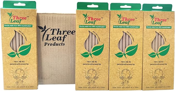 three leaf Recycled Paper Pencils (Pack of 10) - 100% Eco Friendly, Earth Friendly Pencil with Latex Free Eraser - Non toxic Wood free Pencil, 2 HB