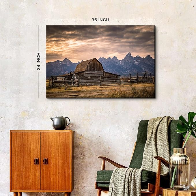 Grand Teton National Park Canvas Wall Art Sunset Moulton Barn Landscape Wall Decor, Wyoming Nature Mountains Scenery Picture Artwork Painting Decoration for Home Living Room Bedroom Kitchen 24x36"