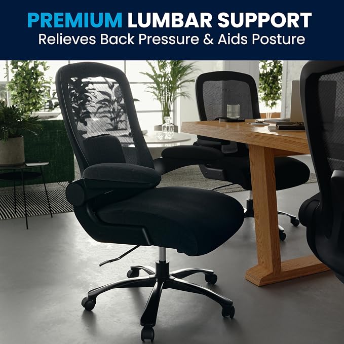 Flash Furniture Big & Tall Mesh Swivel Office Chair, Black | Mesh Back, Lumbar and Back Support, Flip-Up Arms