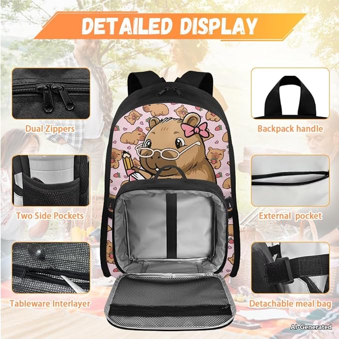 Doojoayie Strawberry Capybara 3rd Grade Backpack for Girls Casual Kawaii Girls Backpack with Lunch Box 17 inch Lightweight Bookbag with Heavy Duty Zippers for Daily School Needs Book Theme