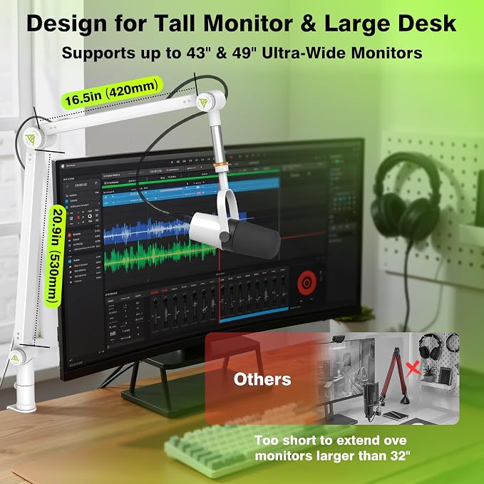 AA AUDIO ACCESSORY White Mic Boom Arm (Design for Heavy Mic) Extra-Long 950mm, 6.6lbs Load Capacity, Gear-Lock Suspension Scissor Microphone Stand Desk Mount for Shure SM7B SM7dB MV7, Blue Yeti, Rode