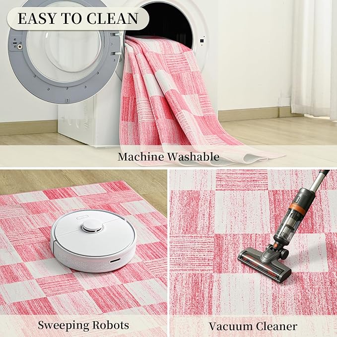 Terrug Pink Checkered Rug for Bedroom, 4x6 Area Rugs Washable with Non Slip for Living Room, Soft Low Pile Stain Resistance Abstract Carpet for Kids Room