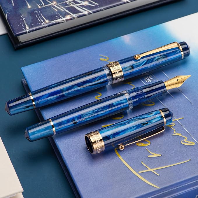 Asvine P20 Piston Fountain Pen, Stub Nib 1.1mm Calligraphy Art Drawing Galaxy Blue Acrylic with Case Set