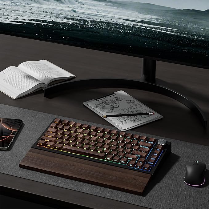 Womier PBT Keycaps, Custom Keyboard Caps 60 65 75 100 Percent, Shine Through Cherry Profile Keyboard Keys, Doubleshot Side Print Dye Sub Keycap Set (Walnut)