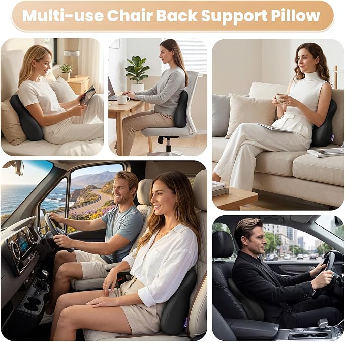 ZZ-WELL Lumbar Support Pillow for Office Chair - Ergonomic Back Support Cushion for Mid Lower Back Pain Relief, Posture Improved - Adjustable Straps, Breathable & Removable Cover (Black)