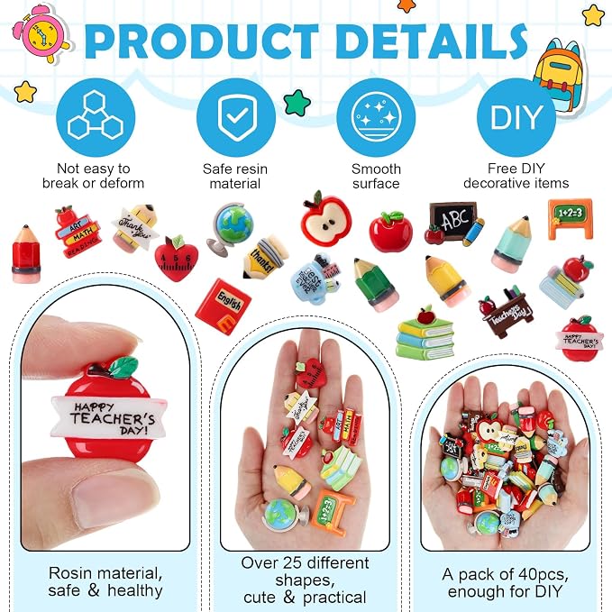Giegxin 40 Pcs Teacher's Day Resin Charm Pencil Book Blackboard Flatback Cabochon Accessories Cute Embellishments Bulk for Jewelry Cellphone Case Scrapbooking Headband Photo Frame DIY Craft Making