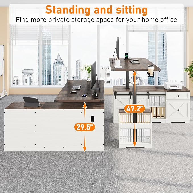 St.Mandyu L Shaped Electric Standing Desk 63" White with Power & Storage | File drawer, sliding door cabinet, cup holder, height adjustable, sturdy wood frame, home office for work/study/writing