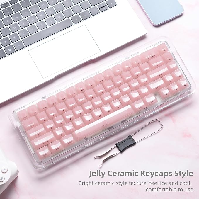 Womier Keycaps Jelly Pink, Ceramic Keycaps Style, Clear Shine Through Keyboard Key Cap Side Printed Custom 60 65 75 100 Percent for Cherry MX, Outemu, Gateron Mechanical Keyboards(MDA Profile)