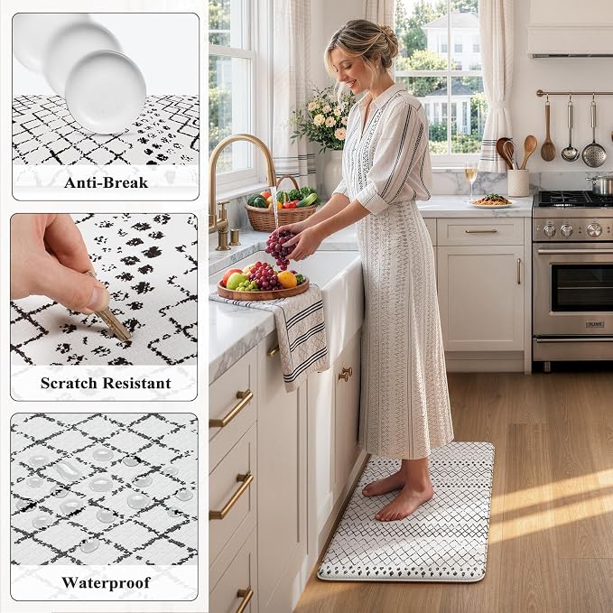 KIMODE Anti Fatigue Kitchen Mats for Floor,17.3" x 29" Black and White Cushioned Kitchen Rugs,Non-Slip Waterproof Wipe Clean Kitchen Sink Standing Mat for Corner Sink,Kitchen Floor