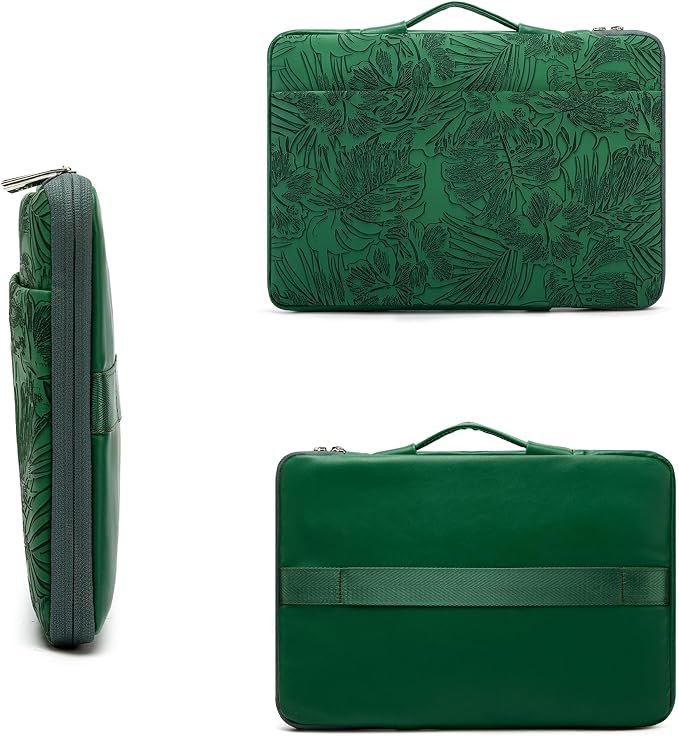 Kinmac Embossed PU Leather 360° Heavy Duty Protective Laptop Sleeve with Poacket (Green Leaves, 14 inch-14.6 inch)