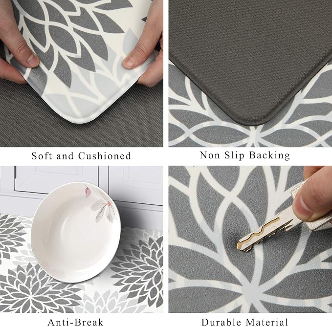 HEBE Anti Fatigue Kitchen Rugs Set of 2, Cushioned Kitchen Mats for Floor | Non Slip Washable Kitchen Runner Rug Set, Floral Stain Resistant Waterproof Comfort Mat Carpet for Sink, Standing Desk
