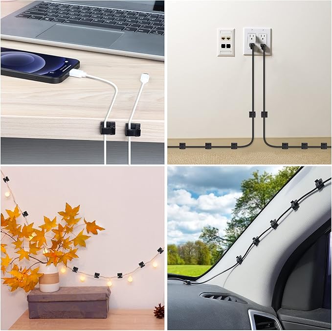 100 PCS Cable Clips, Upgraded Adhesive Cord Clips for Wires on Wall, Strong Wire Clips Holders for Cord Cable Management, Ethernet Cable, TV Coax, Extension Cord, Power Cable (Large, Black)