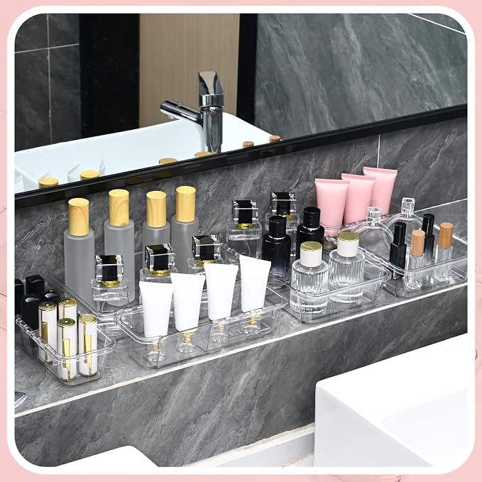 15 Pcs Extendable Clear Drawer Organizer, All Adjustable Vanity Storage Box, 2-Size Desk Drawer Organizer, Acrylic Storage Bins for Makeup, Cosmetic, Bedroom Dressers Tool Organizer for Gadgets
