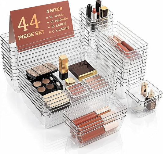 44 Pcs Makeup Drawer Organizer Set, 4 Sizes Versatile Vanity Drawer Organizer for Makeup, Non-Slip Desk Organizer Trays for Bathroom, Bedroom, Office, Fits Jewelry and Office Supplies