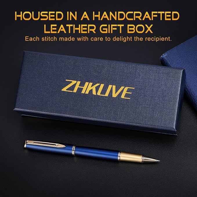 ZHKUVE Luxury Rollerball Pen, Stunning Blue Lacquer with 24K Gold Trim, Switzerland Tip with Black Ink Refills, Elegant Gift Set for Men & Women, Executive Writing