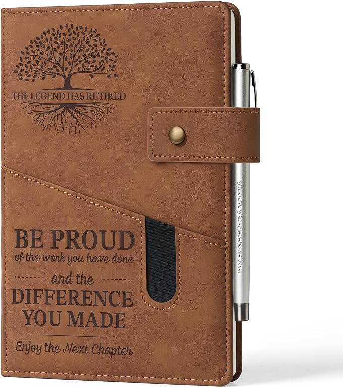 Happy Retirement Gifts for Men Women, A5 Leather Journal with Engraved Pen & Front Phone Pocket, Farewell Notebook Coworker Leaving Farewell Going Away Goodbye Gift for Teacher