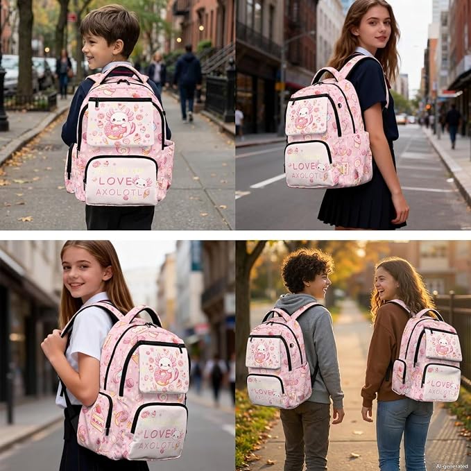 WELLFLYHOM 4 PCS Cake Donut Axolotl Backpack Set for Girls Ages 8-12 | Lightweight Elementary Daypack Set Includes Lunch Box, Pencil Case and Water Bottle Sleeve for All-Day School Use