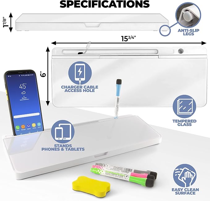 Desktop Whiteboard - Glass Dry Erase White Board- Desk Computer Buddy – Home Office & Studying Essentials - Desktop Pad with Phone & Tablet Slot, Storage Compartment - Includes 4 Markers, 1 Eraser