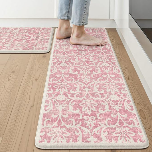 LEEVAN Pink Kitchen Mat Sets of 2, Vintage Distressed Anti Fatigue Memory Foam Kitchen Floor Mat for Laundry,Non Slip Cushioned Standing Mat for Home, Office, Desk,Sink(17''x29''+17''x47'')