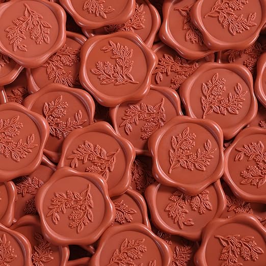 UNIQOOO Wax Seal Stickers - Eucalyptus Wedding Invitation Envelope Seal Stickers, 50 Pcs Self- Adhesive Terracotta Orange Stickers, Perfect for Invitation, Christmas, Gift Wrapping